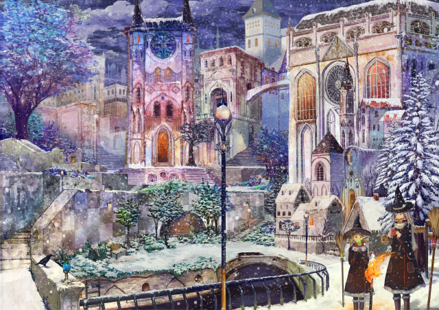 City street people snow church free wallpaper for desktop - medium preview image