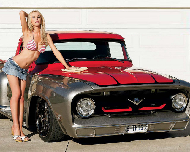 Woman leaning truck red silver free wallpaper for desktop - medium preview image