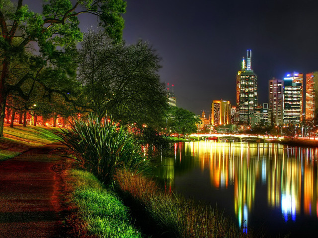 City skyline night lake trees #8 free wallpaper for desktop - medium preview image