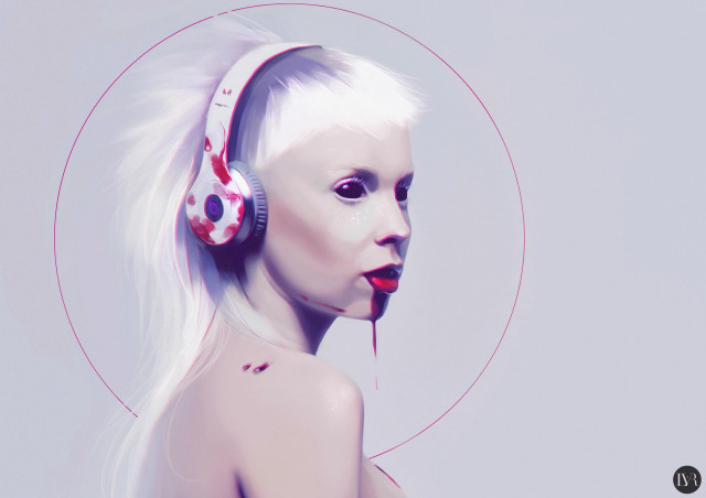 White haired woman headphones gothic free wallpaper for desktop - medium preview image