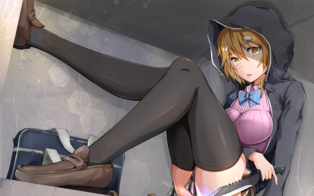 Woman black outfit hat knife free wallpaper for desktop - medium preview image