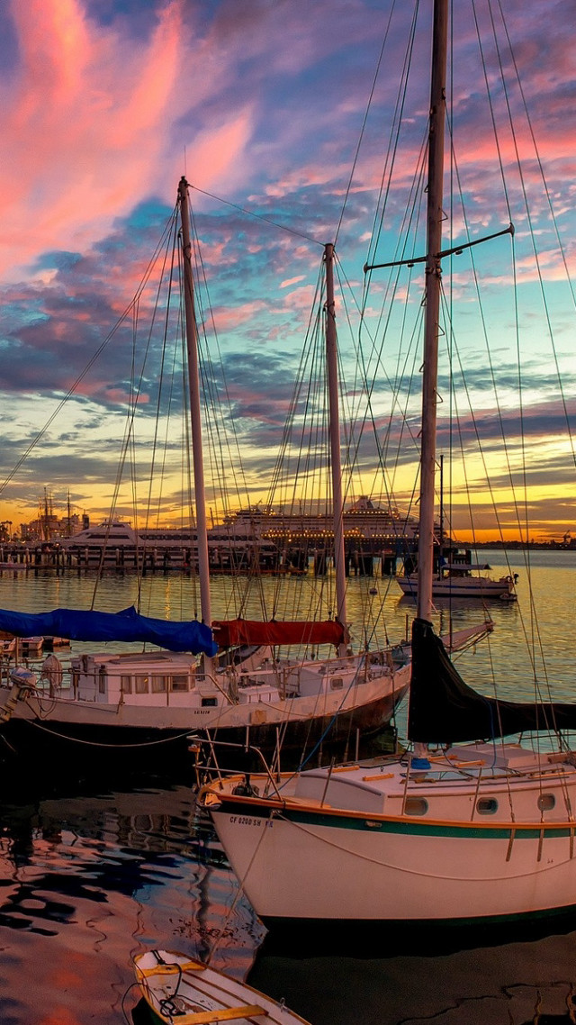 Sailboats docked pier sunset colorful free wallpaper for mobile - medium preview image