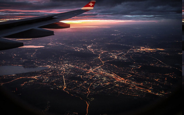 City view airplane window night free wallpaper for desktop - medium preview image