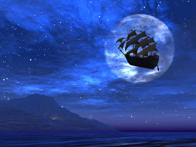 Ship floating full moon mountain free wallpaper for desktop - medium preview image