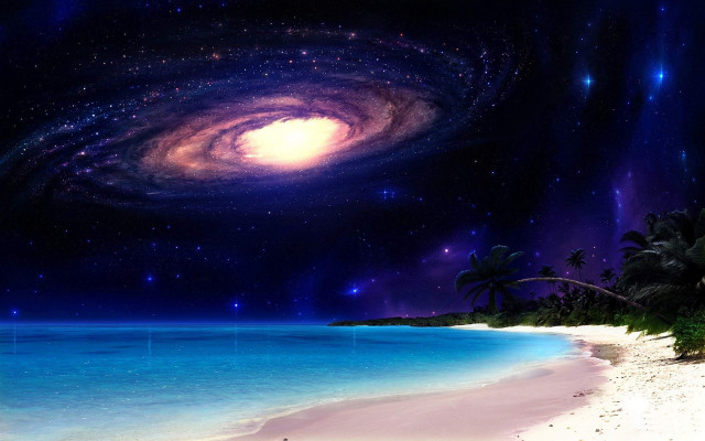 Beach starry sky galaxy palm free wallpaper for desktop - medium preview image