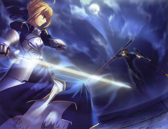 Blue dress woman sword clouds free wallpaper for desktop - medium preview image