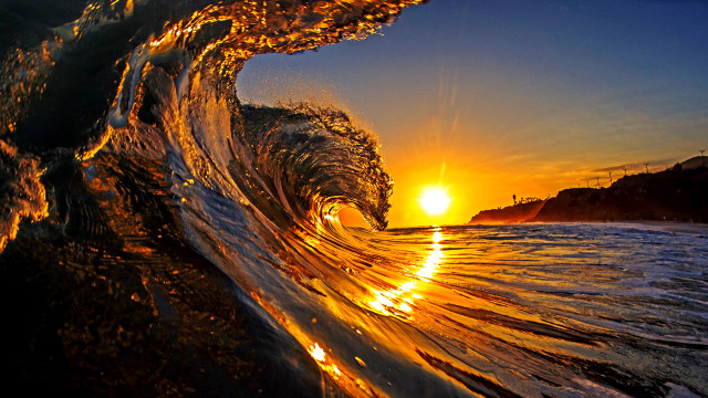 Wave sunset ocean golden blue free wallpaper for desktop - medium preview image