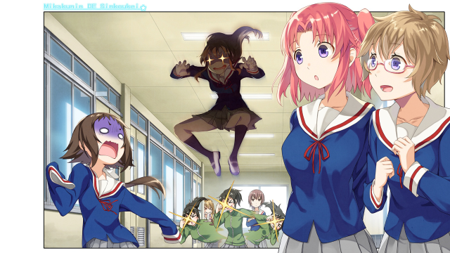 Anime girls school uniforms hallway free wallpaper for desktop - medium preview image
