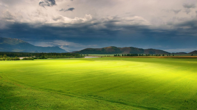 Green grass field mountains clouds free wallpaper for desktop - medium preview image