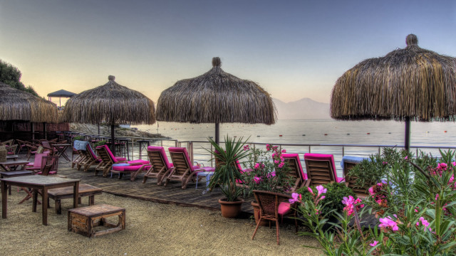 Beach chairs umbrellas flowers sand free wallpaper for desktop - medium preview image