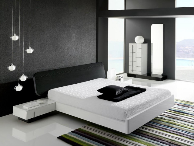 Modern bedroom black white bed free wallpaper for desktop - medium preview image