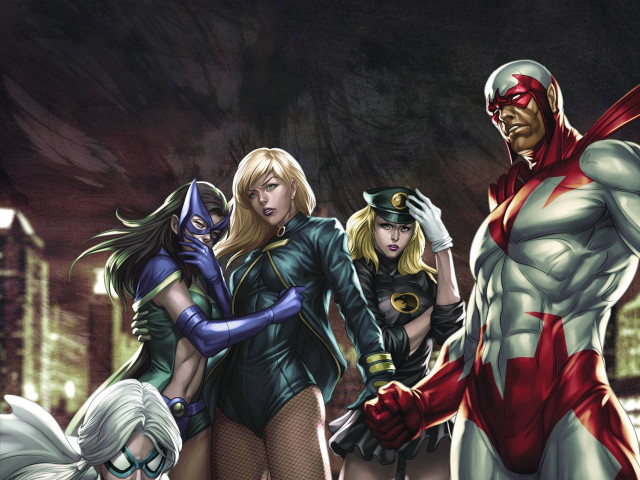 Superheroes city night skyline group free wallpaper for desktop - medium preview image