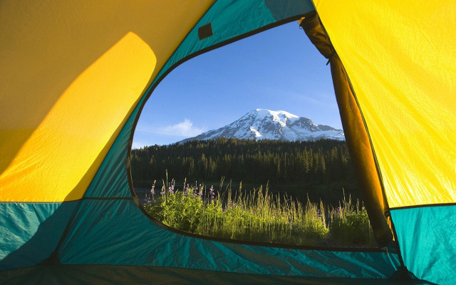 Tent mountain reflection window view free wallpaper for desktop - medium preview image