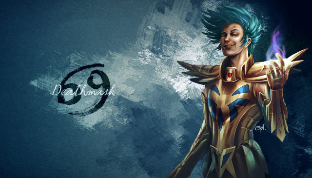 Woman blue hair gold outfit free wallpaper for desktop - medium preview image