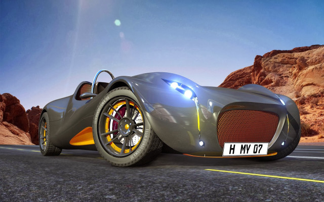 Futuristic car desert road mountains free wallpaper for desktop - medium preview image