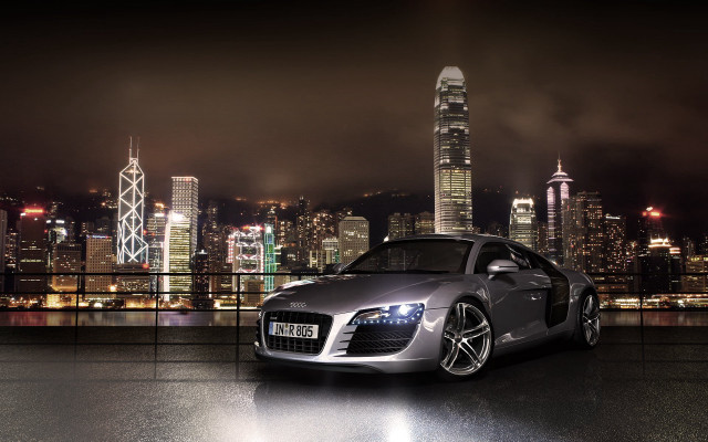 Silver sports car city skyline #2 free wallpaper for desktop - medium preview image