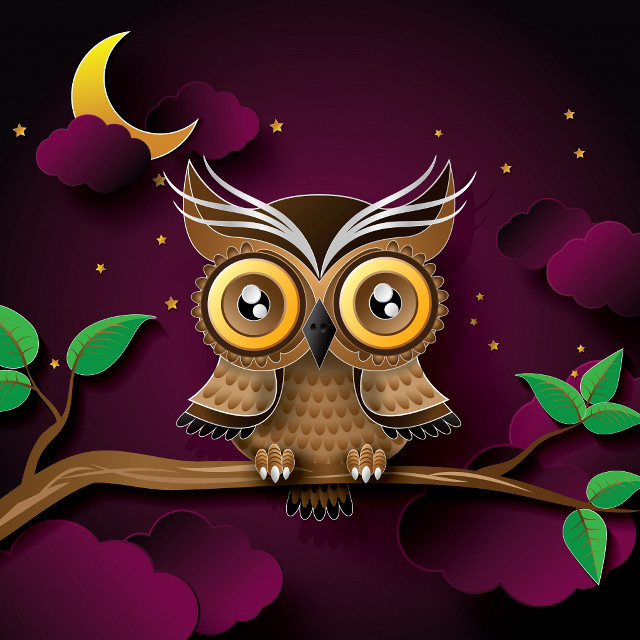 Cartoon owl branch crescent moon free wallpaper for tablet - medium preview image