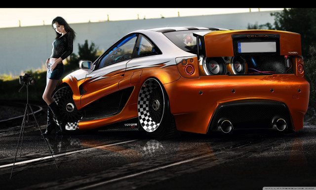 Woman car checkered bike standing free wallpaper for desktop - medium preview image