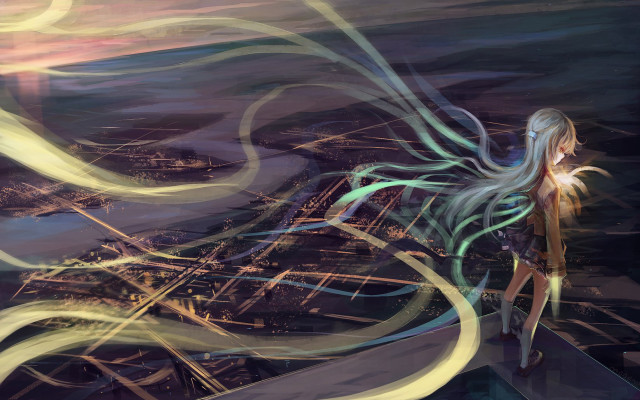 Woman standing ledged city painting free wallpaper for desktop - medium preview image