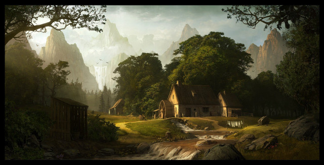 House forest stream mountains painting free wallpaper for desktop - medium preview image