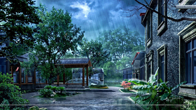 Rainy street gazebo trees bench #2 free wallpaper for desktop - medium preview image