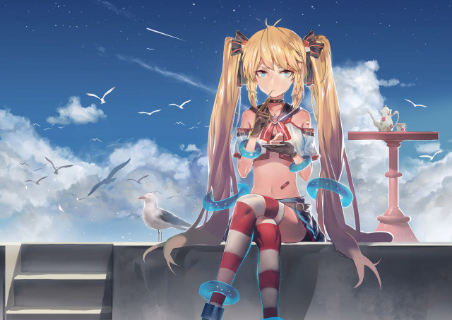 Girl sitting ledged bird sky free wallpaper for desktop - medium preview image