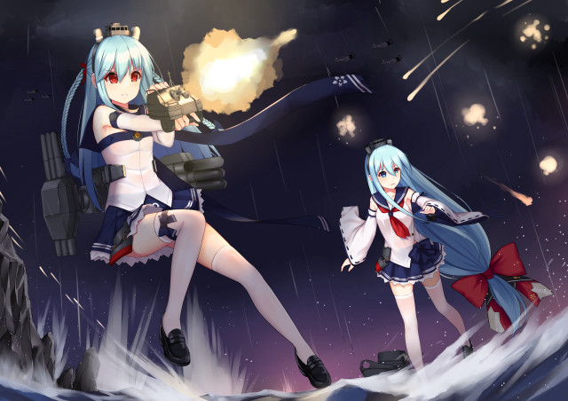 Anime girls rain guns holding free wallpaper for desktop - medium preview image