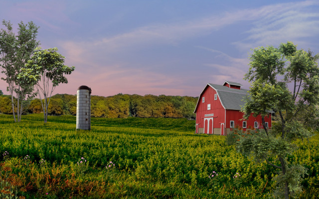 Red barn silo green field free wallpaper for desktop - medium preview image