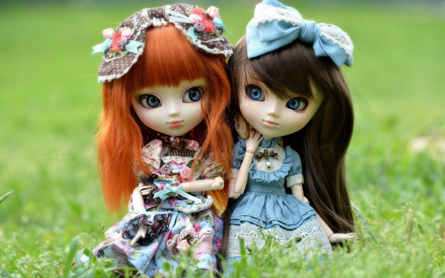 Two dolls sitting grass holding #3 free wallpaper for desktop - medium preview image