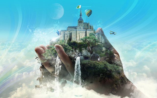 Hand waterfall castle sky rainbow free wallpaper for desktop - medium preview image