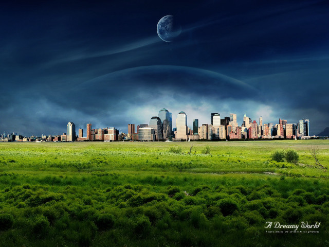 City skyline dark sky green free wallpaper for desktop - medium preview image