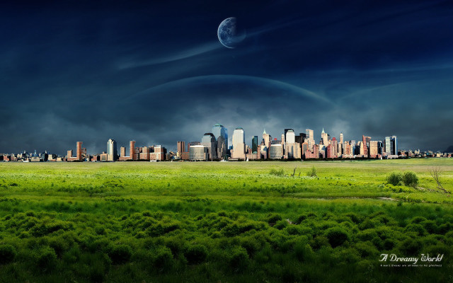 City skyline moon green field free wallpaper for desktop - medium preview image