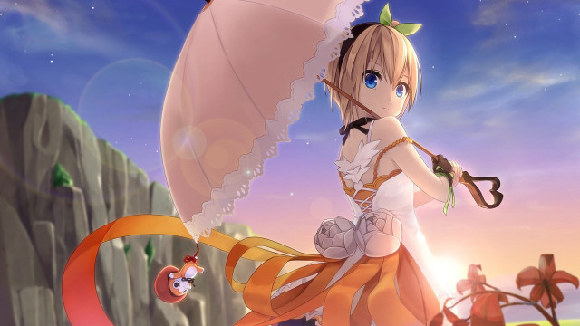 Woman white dress umbrella cliff free wallpaper for desktop - medium preview image