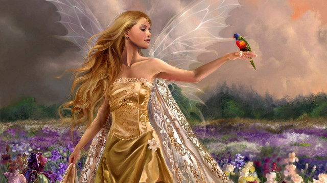 Woman gold dress holding bird free wallpaper for desktop - medium preview image