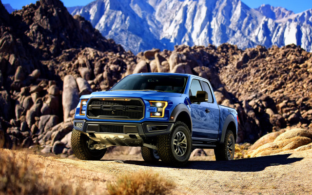 Blue truck dirt road mountains free wallpaper for desktop - medium preview image