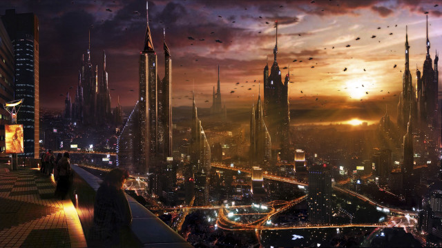Futuristic city tall buildings birds free wallpaper for desktop - medium preview image