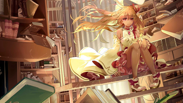 Girl sitting ledge library bookshelves free wallpaper for desktop - medium preview image