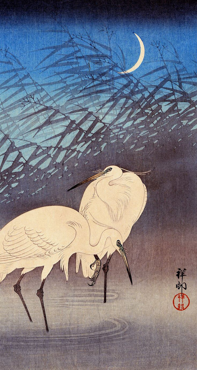 Birds water moon chinese writing free wallpaper for mobile - medium preview image