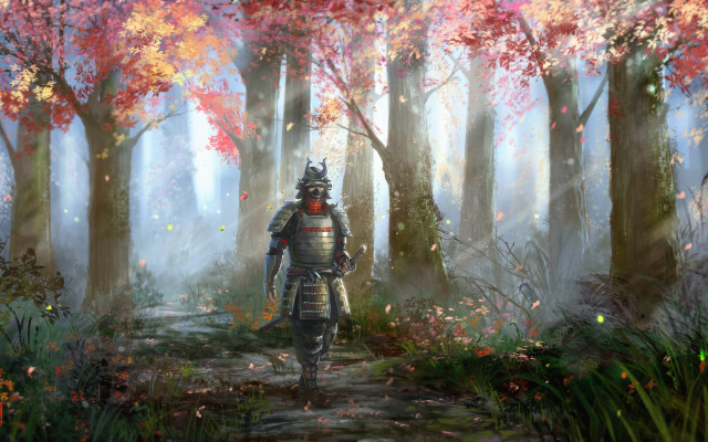 Man in armor walking forest free wallpaper for desktop - medium preview image