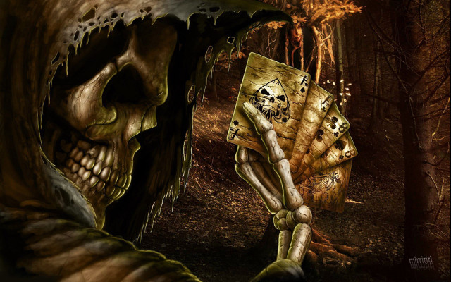 Skeleton holding card forest skull free wallpaper for desktop - medium preview image