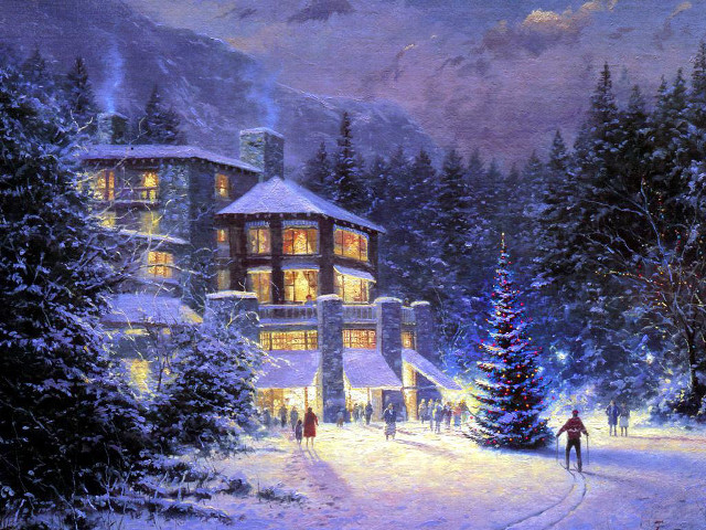 Snowy christmas city scene fireworks free wallpaper for desktop - medium preview image