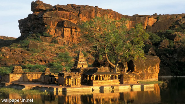 Lake rock formation tree mountain free wallpaper for desktop - medium preview image