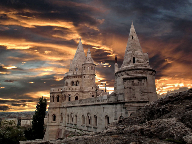 Castle tower clock sunset clouds free wallpaper for desktop - medium preview image