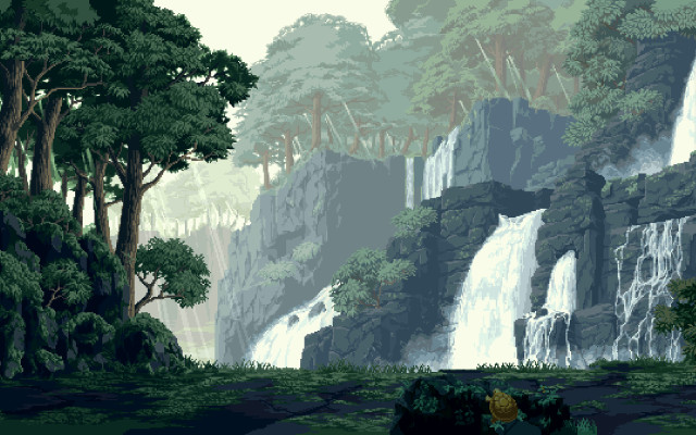 Waterfall man forest trees painting free wallpaper for desktop - medium preview image