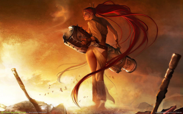 Woman red hair sword desert free wallpaper for desktop - medium preview image