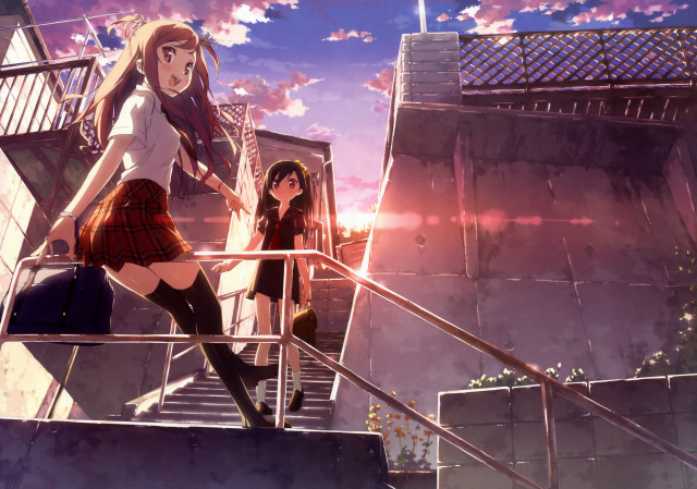 Girls walking stairs anime pink free wallpaper for desktop - medium preview image