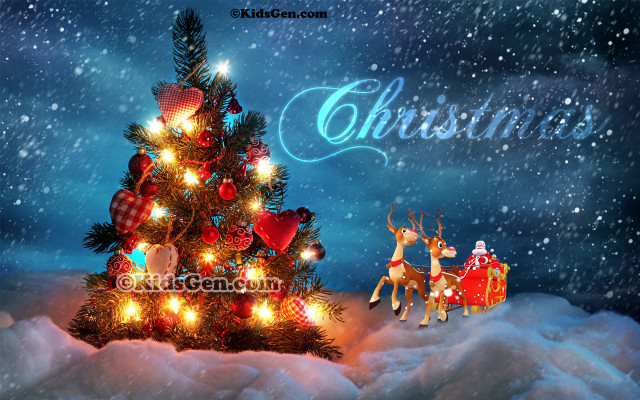 Christmas tree santa sleigh reindeer free wallpaper for desktop - medium preview image