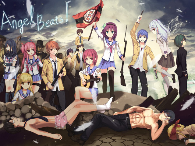Anime characters group posing flagpole free wallpaper for desktop - medium preview image