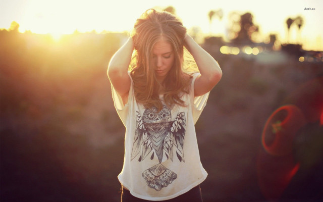 Woman hands head shirt shoulders free wallpaper for desktop - medium preview image