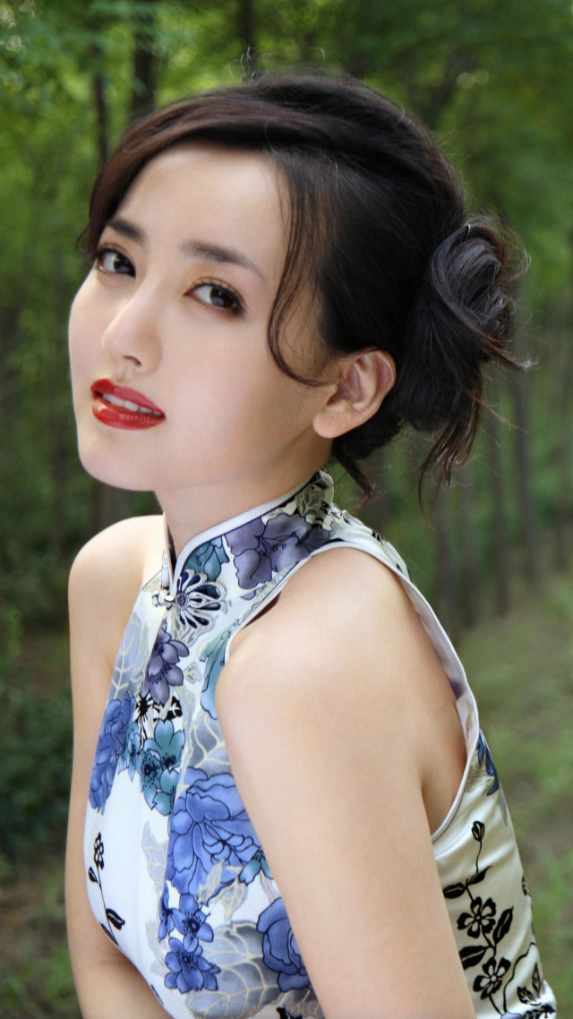 Woman red lipstick forest trees free wallpaper for mobile - medium preview image